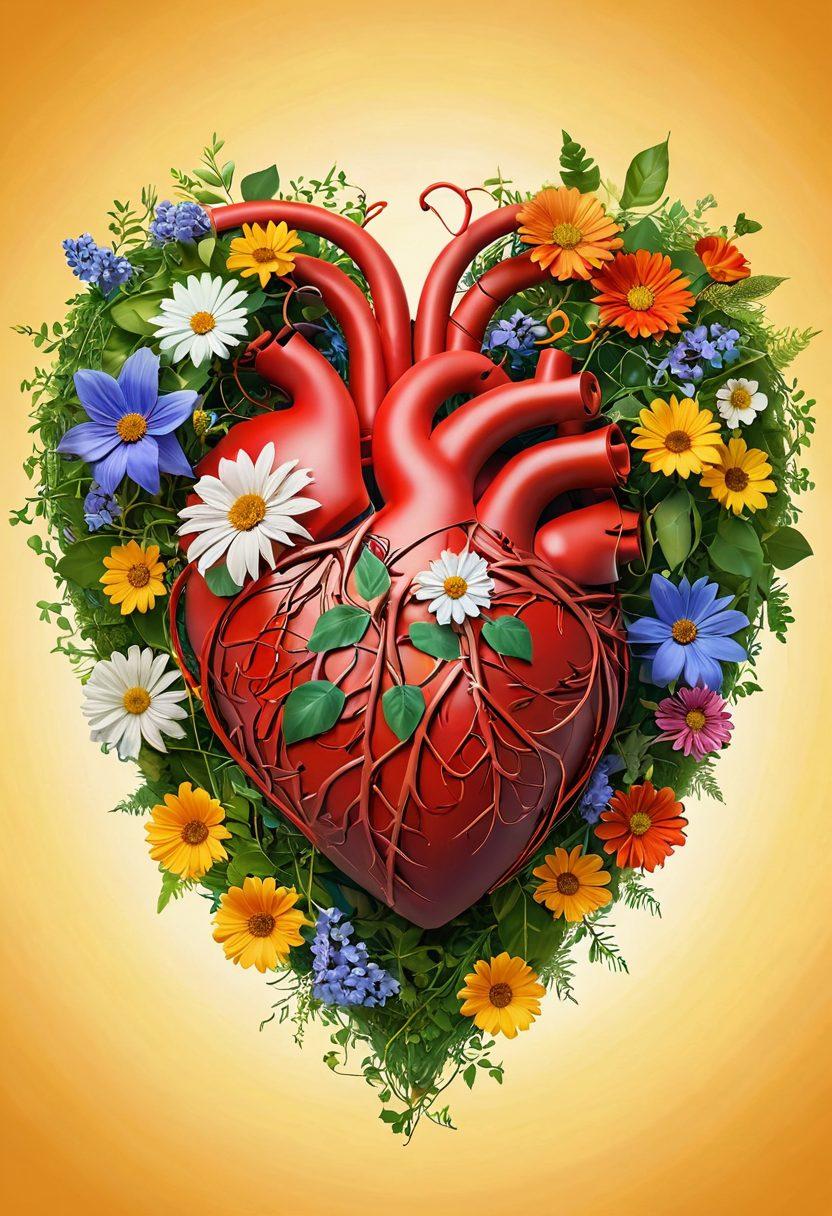 A heart symbol woven with vines and flowers, pulsating with energy, surrounded by diverse people sharing moments of kindness and connection. Include elements like a stethoscope intertwined with a ribbon, representing health initiatives, and a sunny backdrop symbolizing hope and love. The scene should evoke warmth and community spirit. vibrant colors. super-realistic. soft-focus background.