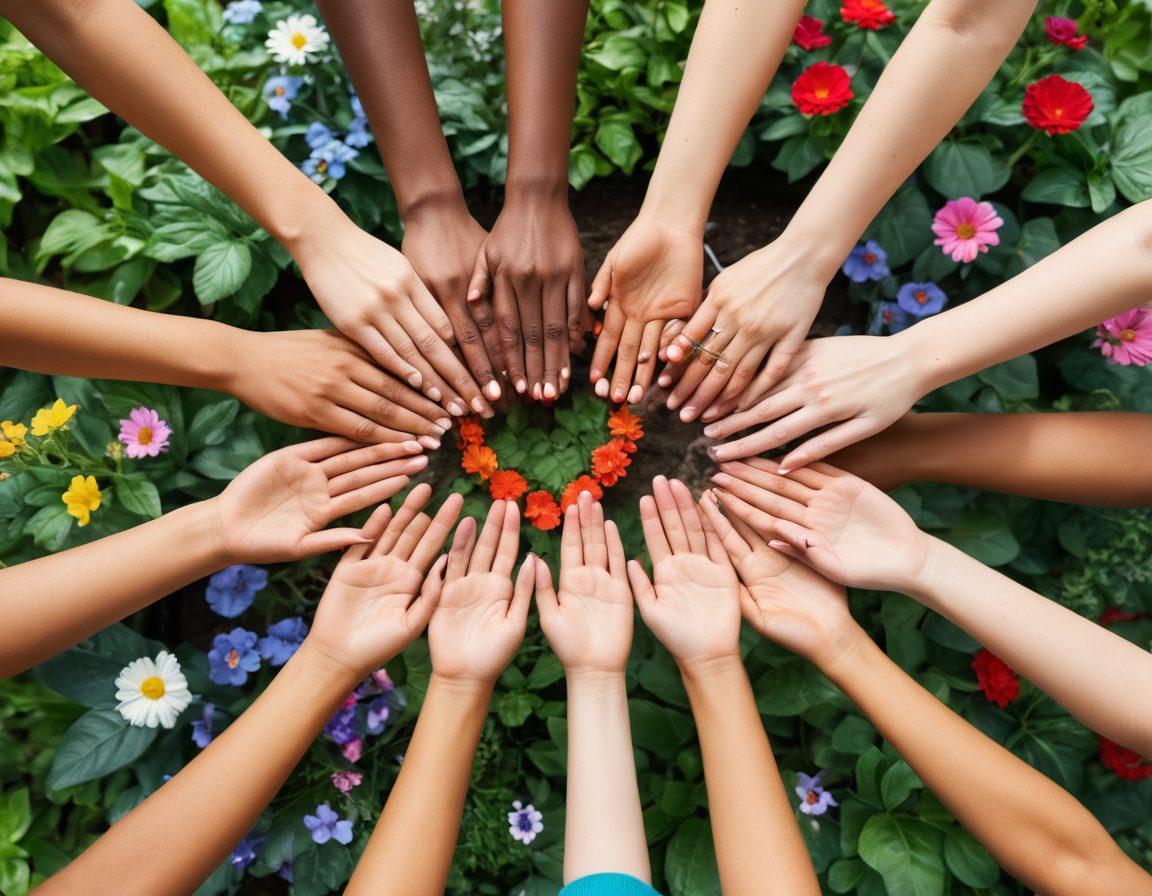 A warm and inviting scene featuring a diverse group of people engaging in community service activities, sharing smiles and support. Include heart-shaped symbols and intertwining hands to symbolize love and compassion. In the background, depict a vibrant community garden flourishing with flowers and greenery to represent well-being. Bright, uplifting colors to evoke a sense of hope and togetherness. super-realistic. vibrant colors.