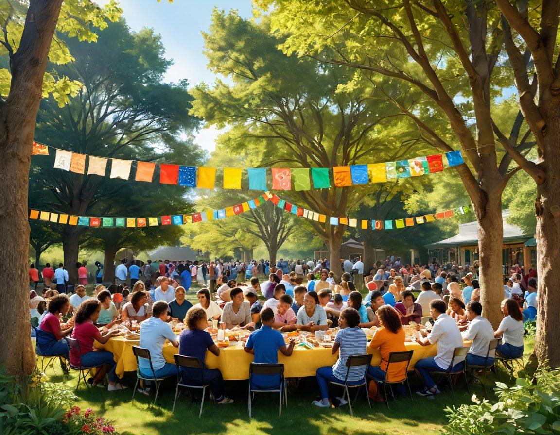 A vibrant community gathering with diverse people engaging in kind acts, like sharing food and helping each other. The scene depicts warmth and connection, with colorful banners promoting kindness, and acts of philanthropy, surrounded by nature. Soft sunlight filtering through trees enhances the mood of community and togetherness. super-realistic. vibrant colors. uplifting atmosphere.